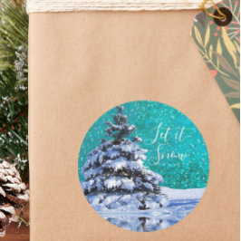 Pegatina Redonda Dejar nevar árbol de invierno blanco azul verde az