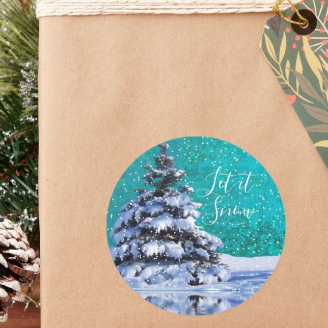 Pegatina Redonda Dejar nevar árbol de invierno blanco azul verde az (Subido por el creador)