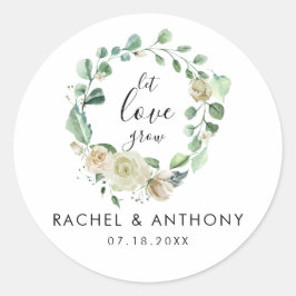 Pegatina Redonda Dejemos que el amor crezca rosa blanco coronando m