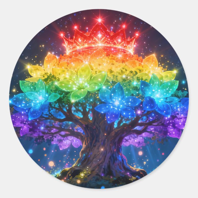 Pegatina redonda del árbol de luz del arcoíris (Anverso)