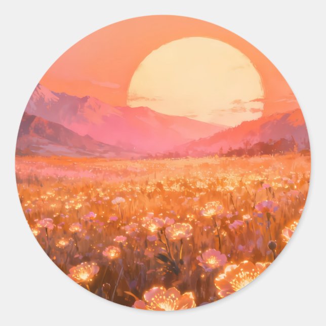 Pegatina redonda del campo de flores al atardecer (Anverso)