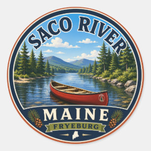 Pegatina redonda del río Saco Fryeburg Maine