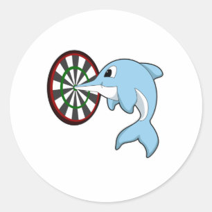 Pegatina Redonda Delfín en Darts con tablón de dardos