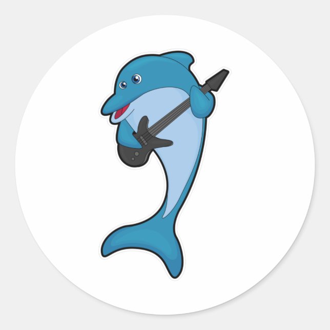 Pegatina Redonda Delfín en la música con guitarra (Anverso)