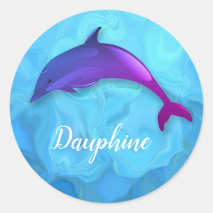 Pegatina Redonda Delfín morado en el agua - añadir nombre