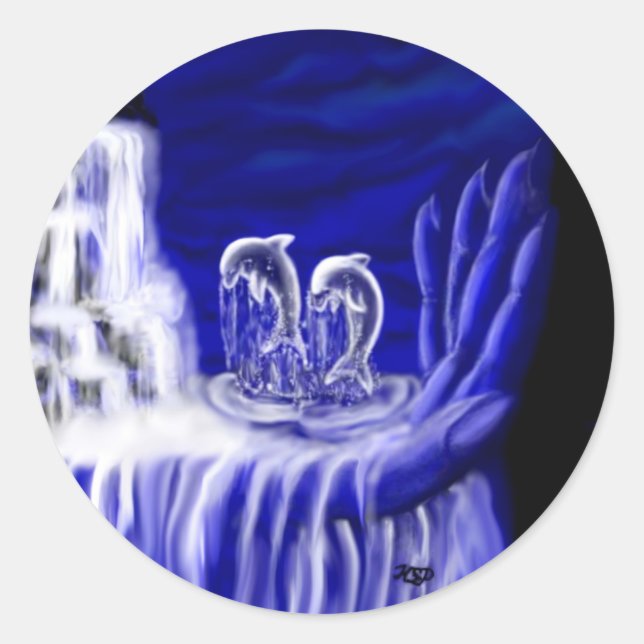 Pegatina Redonda Delfines, manos de los tiempos (Anverso)