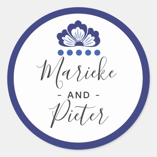 Pegatina Redonda Delfts Blauw Delft Blue Dutch Boda Personalizado (Anverso)