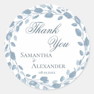 Pegatina Redonda Delicada Boda Floral Wreath Blue Gracias