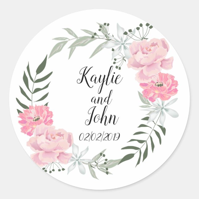 Pegatina Redonda Delicado wreath floral, peonías rosas (Anverso)