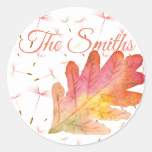 Pegatina Redonda Delicados Dandelions & Autumn Leaf