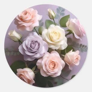 Pegatina Redonda Delicados Rosas Blancos Y Púrpura Rosa