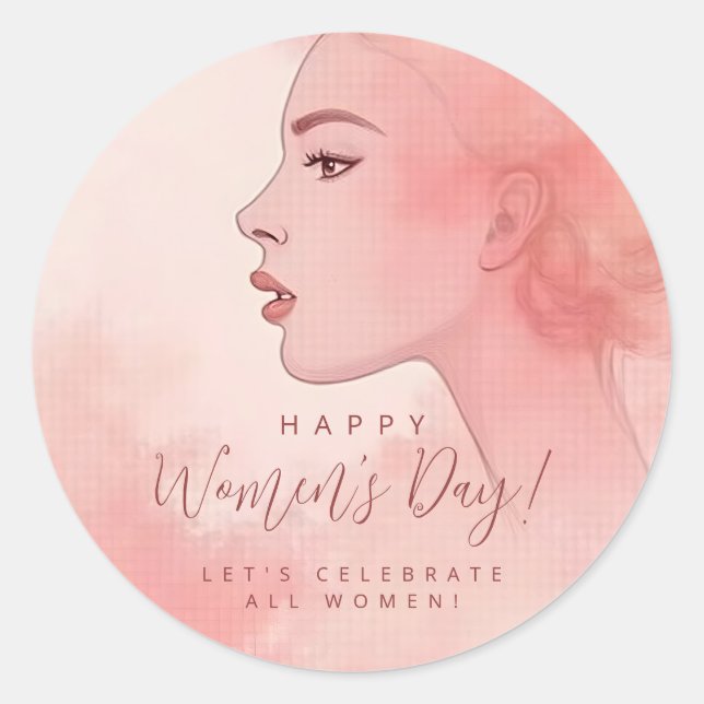 Pegatina Redonda Delicate Minimalist Woman Pink Happy Women's Day  (Anverso)