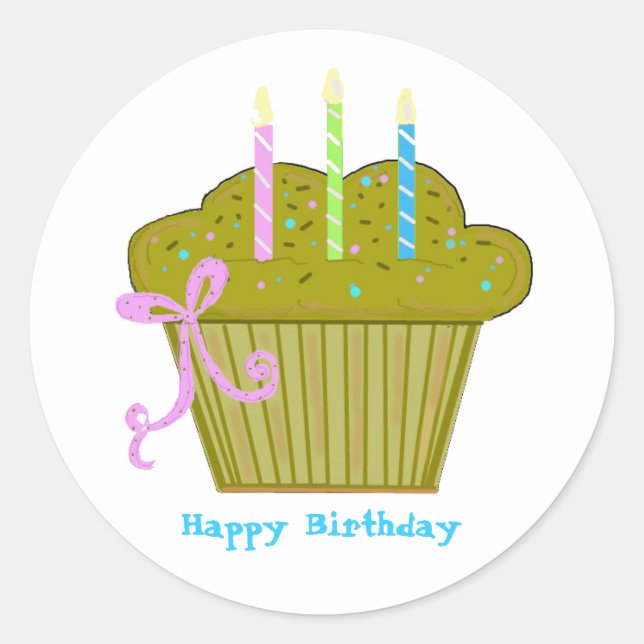 Pegatina Redonda Delicioso Cupcake de Cumpleaños (Anverso)