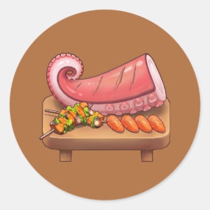 Pegatina Redonda Delicioso salmón sashimi y brochetas