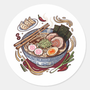 Pegatina Redonda Deliciosos Ramen Japoneses y Dumplings Gyoza.