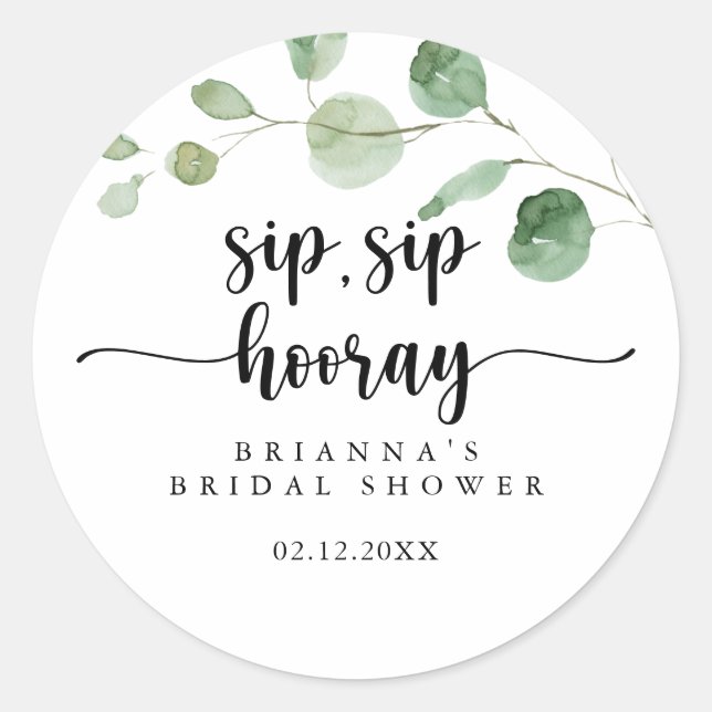 Pegatina Redonda Delight Eucalyptus Sip Sip Hooray Bridal Shower (Anverso)