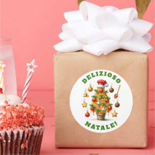 Pegatina Redonda ¡Delizioso Natale! árbol de Navidad de espaguetis