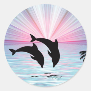 Pegatina Redonda Delphin Sunset