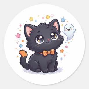 Pegatina Redonda Demasiado Lindo Para Asustar Halloween Gatito Negr
