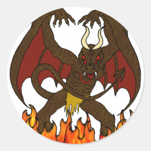 Pegatina Redonda Demonio alado e Infierno fllaman