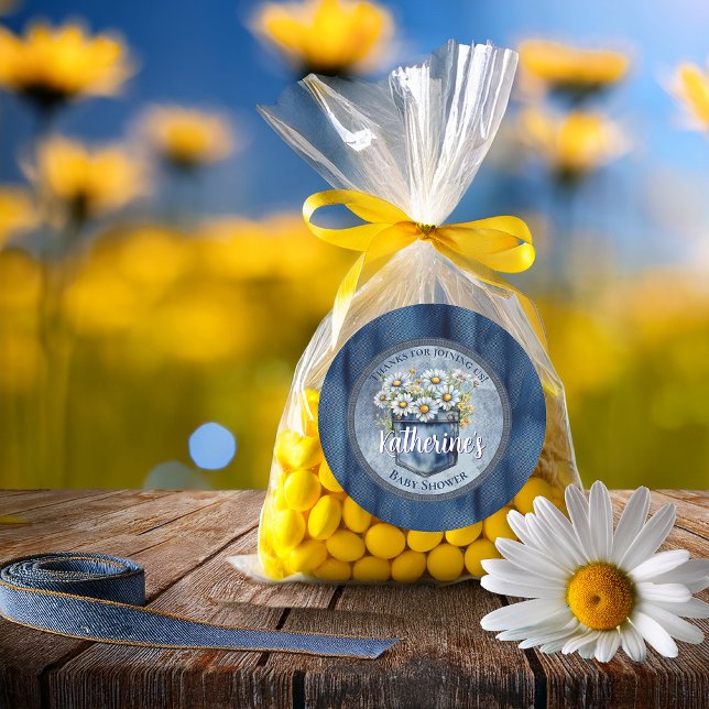 Pegatina Redonda Denim Blue Jean | Daisies Floral Baby Shower (Blue Jean Pocket Denim and Daisies Baby Shower Favor Classic Round Sticker)