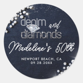 Pegatina Redonda Denim Diamonds Bling Classy Elegant Party Custom