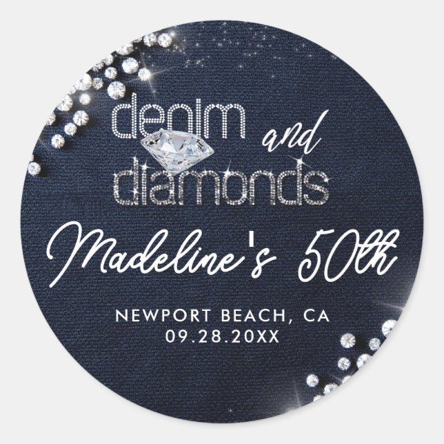 Pegatina Redonda Denim Diamonds Bling Classy Elegant Party Custom (Anverso)