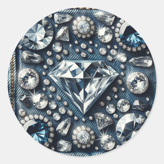 Pegatina Redonda Denim & Diamonds Bling Joyas Glam Gemas (Anverso)