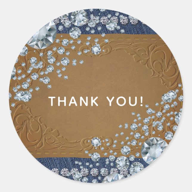 Pegatina Redonda Denim & Diamonds Bling Leather Jeans Trendy Favor (Anverso)