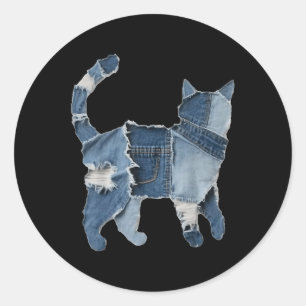 Pegatina Redonda Denim divertido retro con parche de gato animal