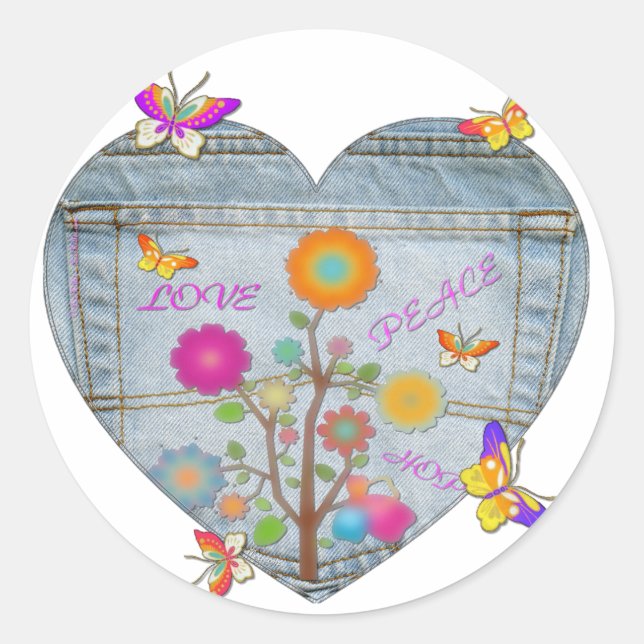 Pegatina Redonda Denim Pocket Heart Flowers Butterflies (Anverso)