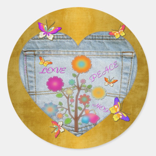 Pegatina Redonda Denim Pocket Heart Flowers Butterflies on Gold (Anverso)