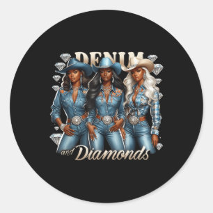 Pegatina Redonda Denim Y Diamantes Melanin Africano Chicas De Vaque