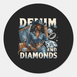 Pegatina Redonda Denim Y Diamantes Melanin Africano Chicas Vaqueras