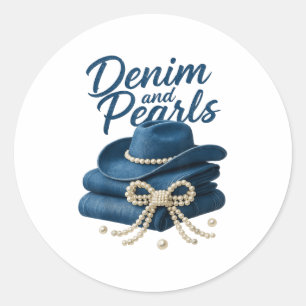 Pegatina Redonda Denim Y Pearl Envían A Mujeres Vaqueras Occidental