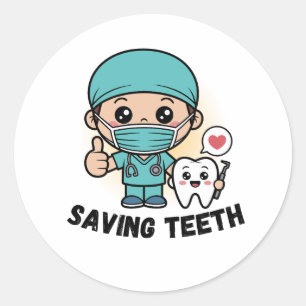 PEGATINA REDONDA DENTISTA DIVERTIDO  :PEGATINA SALVANDO DIENTES