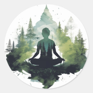 Pegatina Redonda Dentro del Silencio Meditación en el Bosque
