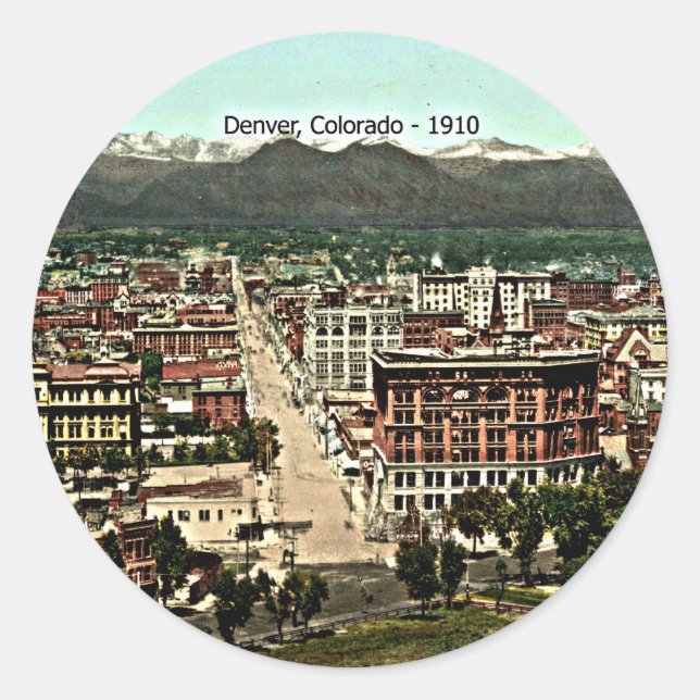 Pegatina Redonda Denver, Colorado - 1910, fotografía panorámica (Anverso)