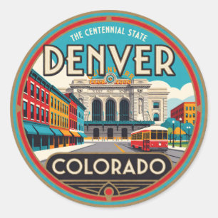 Pegatina Redonda Denver Colorado Capital Retro Montaña Viaje Memo