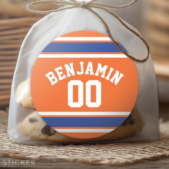 Pegatina Redonda Deporte azul y Naranja Jersey Nombre personalizado (Custom Sticker for Party Favors and Envelopes)