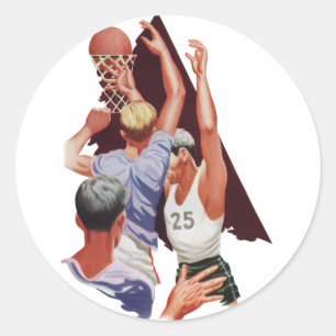 Pegatina Redonda Deportes de época, jugadores de baloncesto en un j