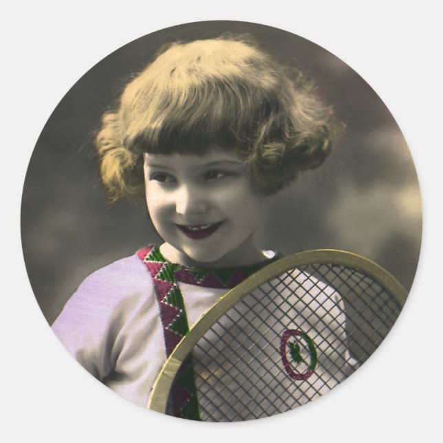 Pegatina Redonda Deportes de tenis de época, Chica feliz con raquet (Anverso)