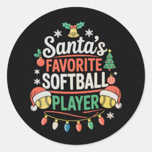 Pegatina Redonda Deportista de Softbol Favorito de Santa Navidad De