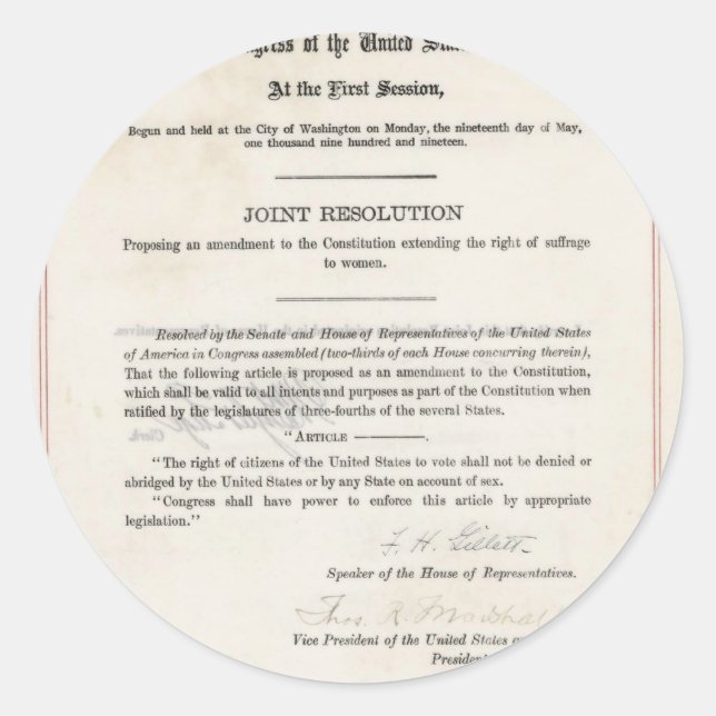 Pegatina Redonda Derecho de la mujer al voto - 19ª enmienda (Anverso)