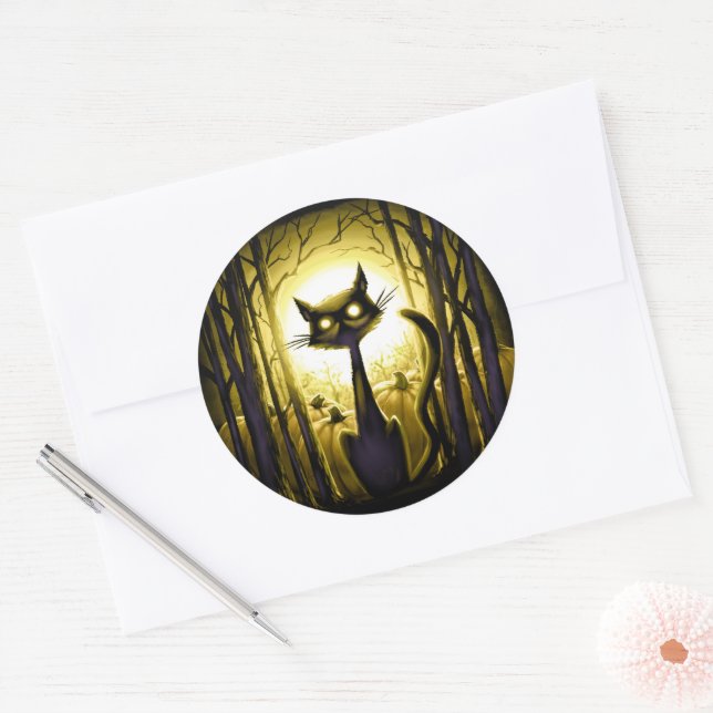 Pegatina Redonda Derpy Little Halloween Cat in the Pumpkin Patch (Sobre)