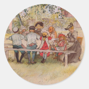 Pegatina Redonda Desayuno bajo el gran abedul de Carl Larsson