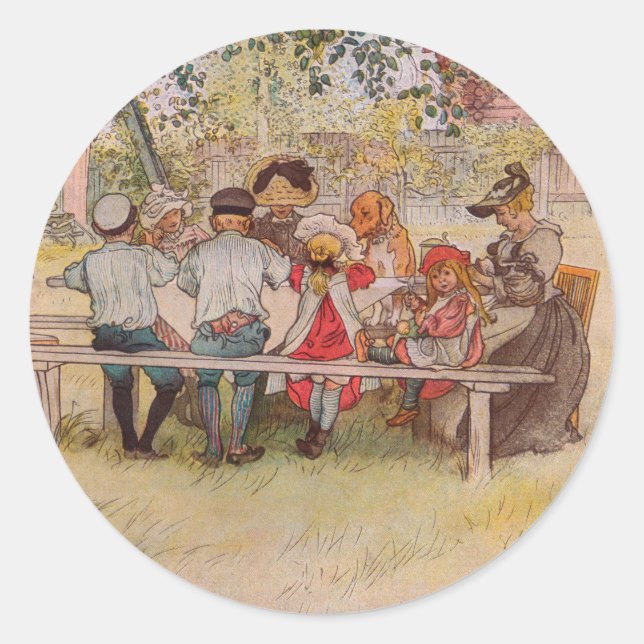 Pegatina Redonda Desayuno bajo el gran abedul de Carl Larsson (Anverso)