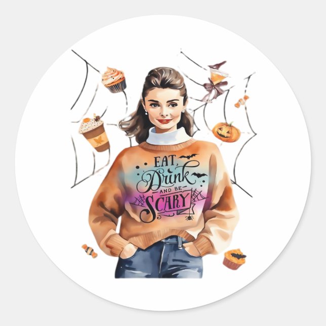 Pegatina Redonda Desayuno en la bebida de Halloween y tener miedo (Anverso)