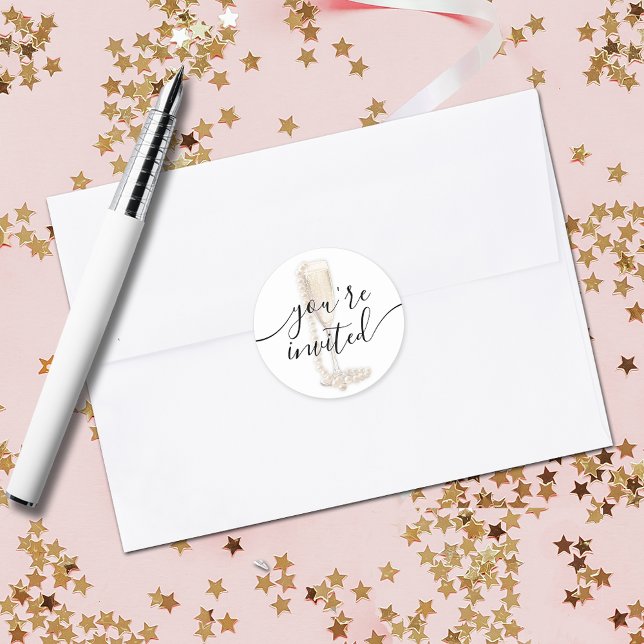 Pegatina Redonda Desayuno Nupcial con Perlas y Prosecco (Pearls & Prosecco bridal shower envelope seal stickers)