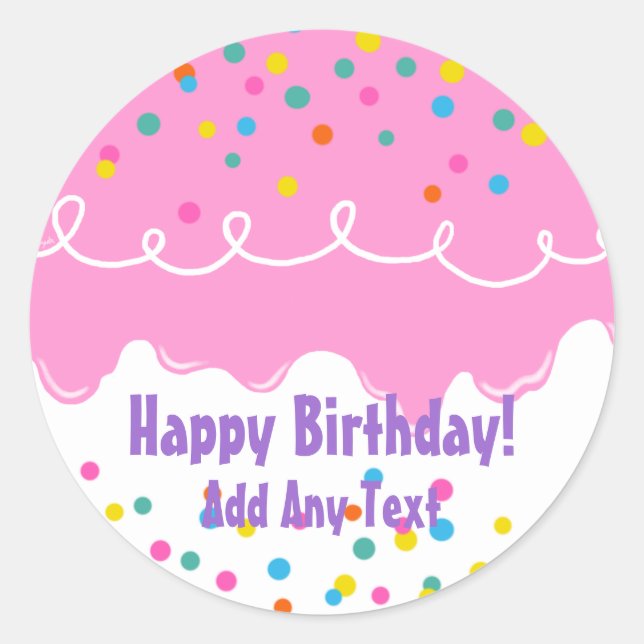 Pegatina Redonda Descongelamiento de pasteles de cumpleaños rosados (Anverso)